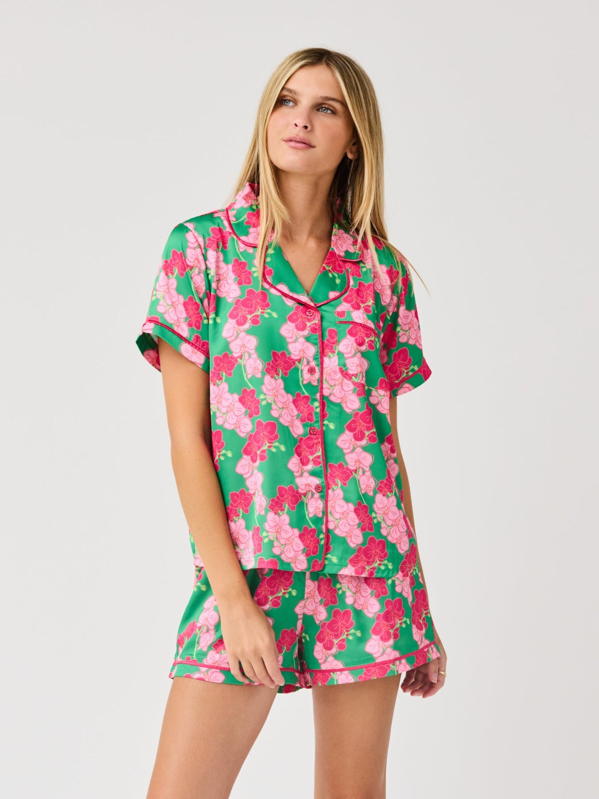 Charlotte SatinFlex pajama short set in light blue with button front top, collar pocket, and elastic waist shorts.