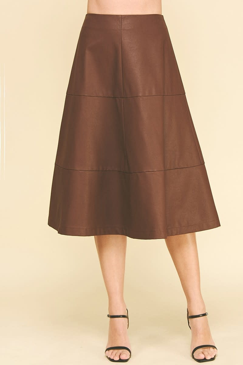 Brown PU leather tiered A-line midi skirt with a back zipper.