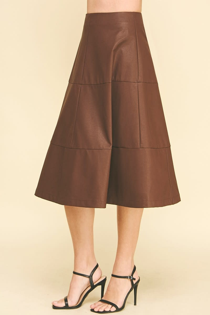 Brown PU leather tiered A-line midi skirt with back zipper