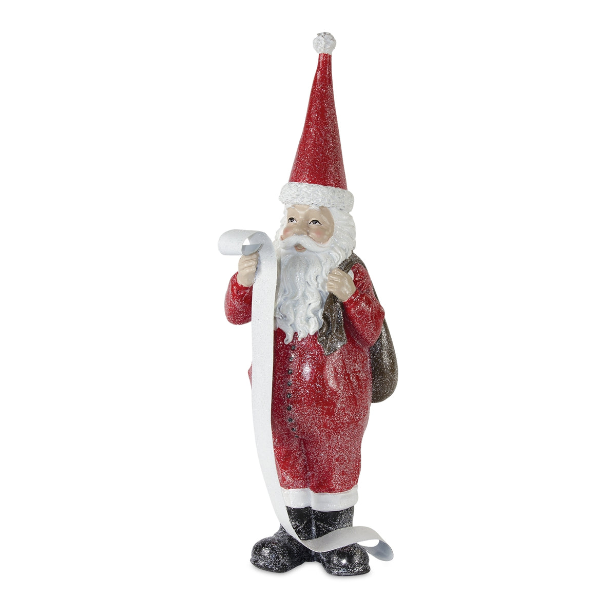Glittery red resin Santa figurine wearing a tall pointed hat and holding a long white list.
