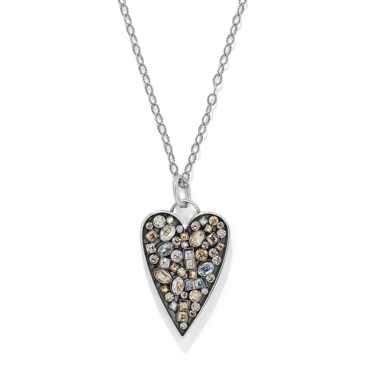 Silver-plated reversible long pendant necklace with multi-colored crystals on a silver chain.