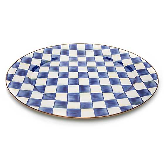 Royal Check Enamel Oval Platter with hand-painted blue and white checks and bronzed steel rim.