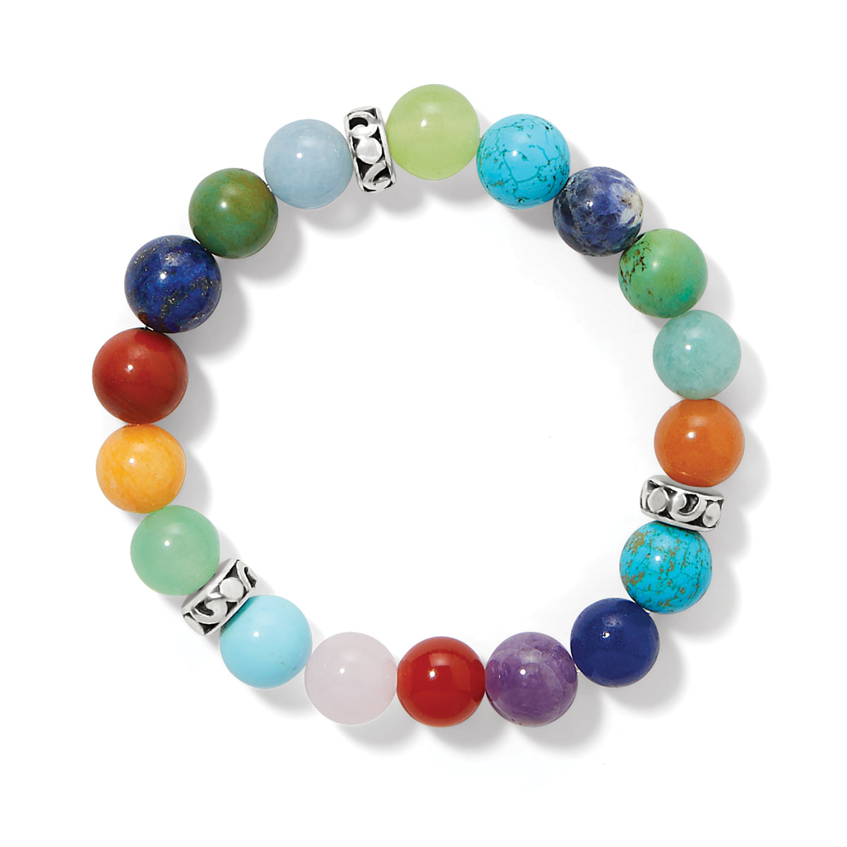 Silver stretch bracelet featuring multi-colored dog tooth amethyst, carnelian, rose quartz, turquoise, jade, and jasper stones.