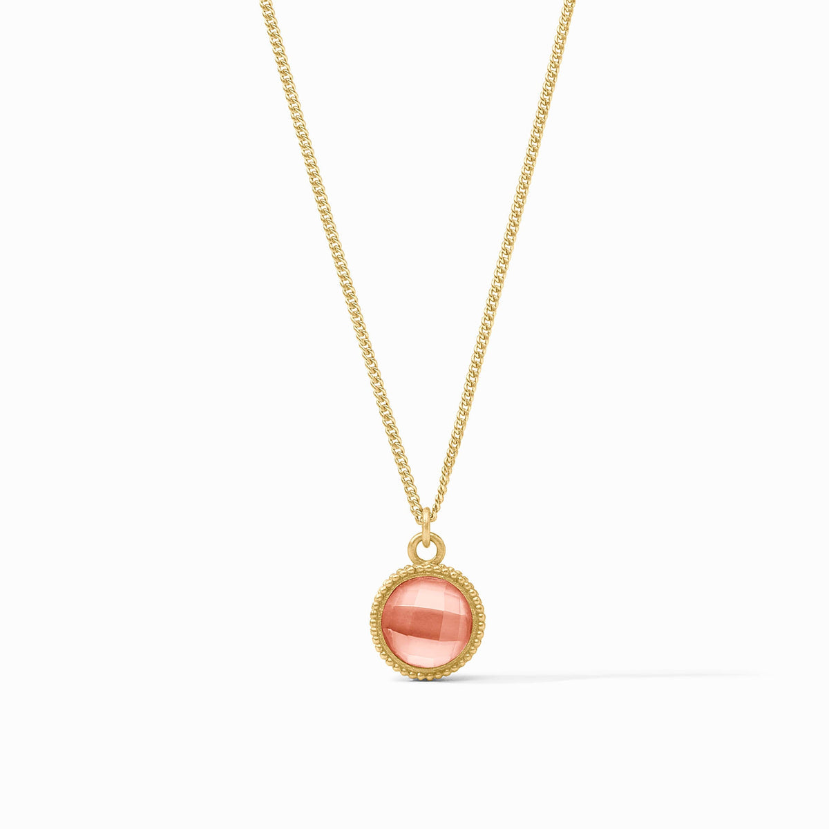 Fleur-De-Lis Solitaire Necklace in 24K gold plate with a round pink glass pendant.