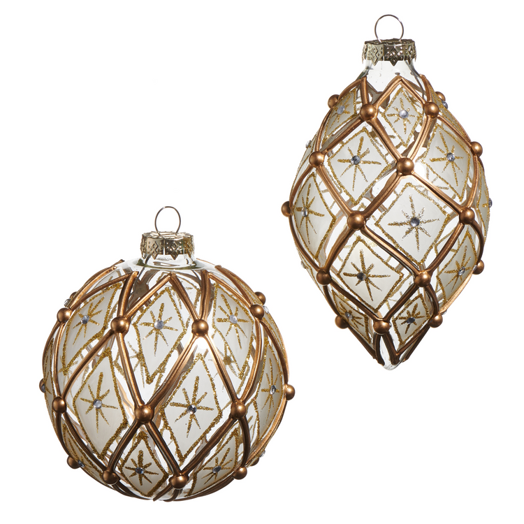 White and gold glass deco ornaments with diamond patterns and glitter stars, sold individually.