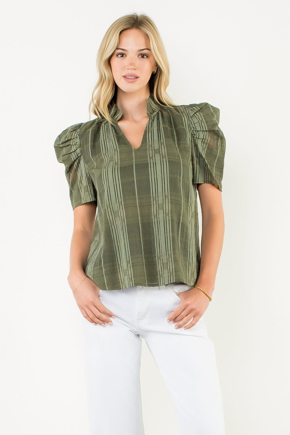 Eunice gingham textured V-neck top with puff sleeves in woven rayon blend