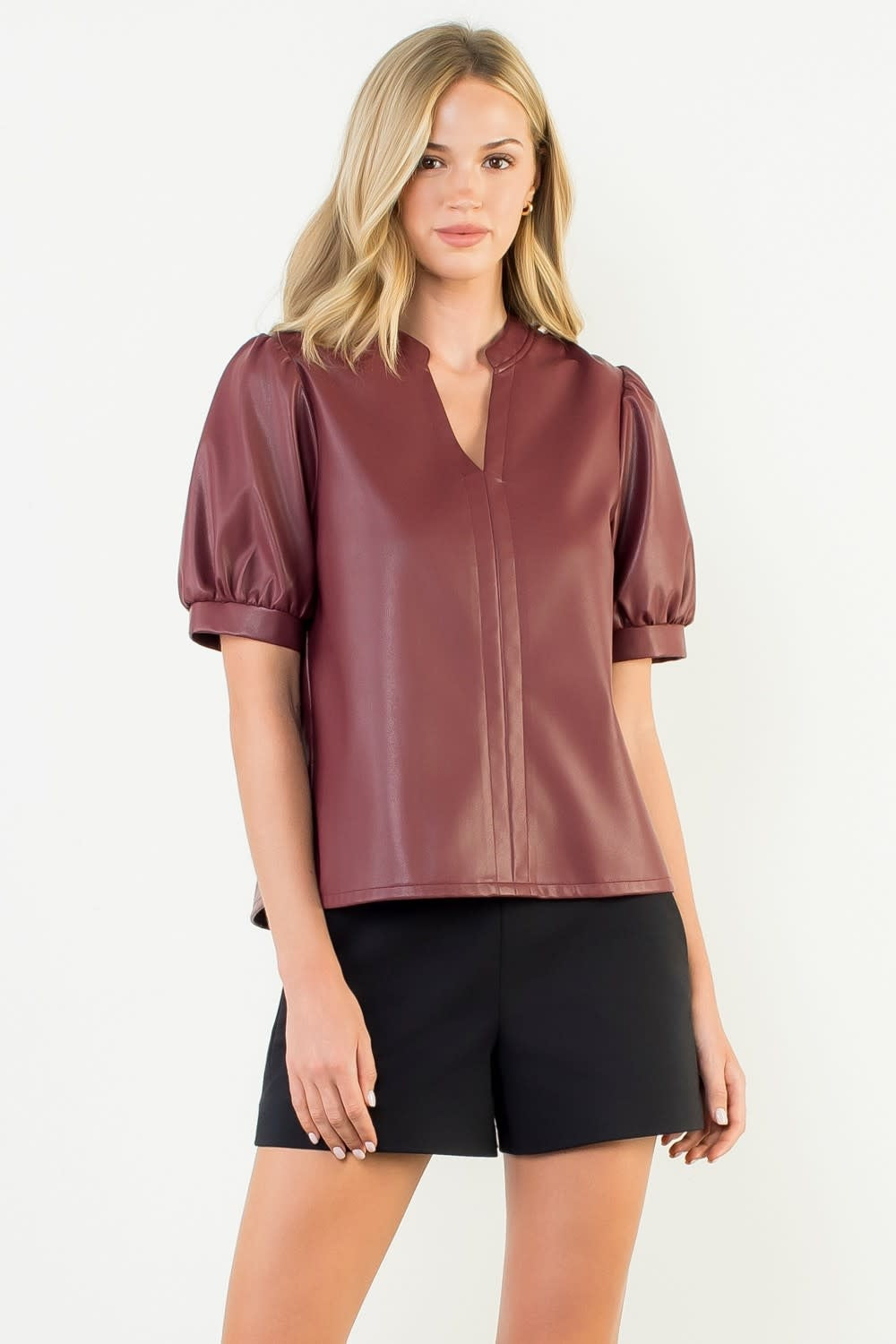 Burgundy woven leather top with puff sleeves