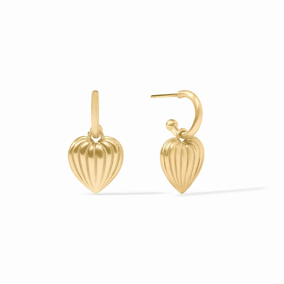 Gold-plated puffy heart hoop earring with fluted charm detail