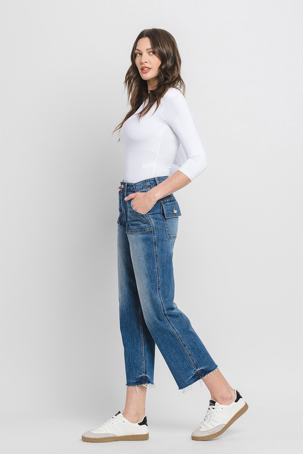 Avery High Rise Crop Utility Straight Jeans in dark wash denim with five-pocket styling and button fly.