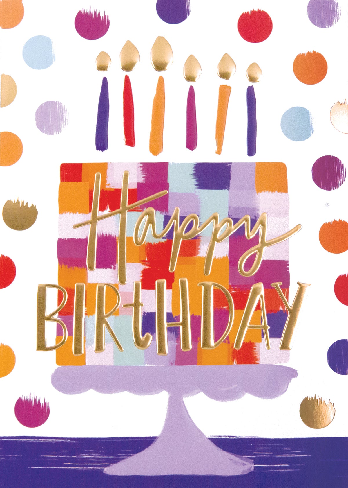 Artistic birthday card with a colorful painted cake, gold foil lettering, and polka dot background.