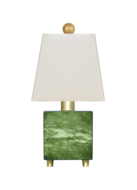 Hand-cut pine green table lamp with square drum shade