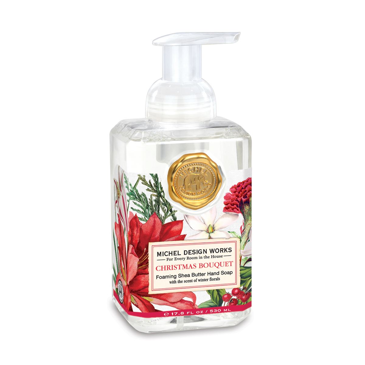 Foaming hand soap dispenser in a clear bottle with white liquid inside.
