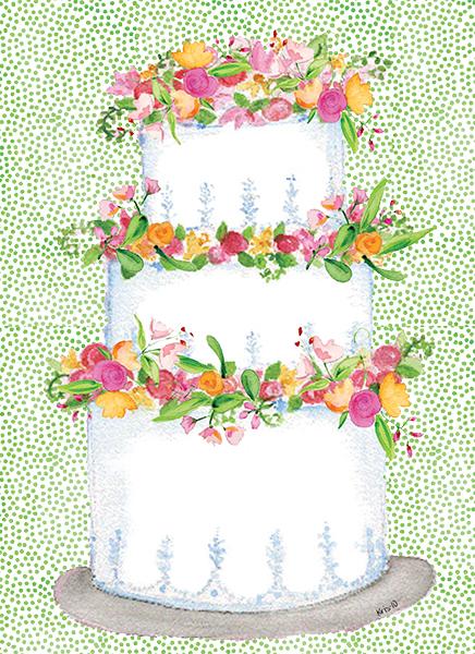 Watercolor illustration of a three-tiered white wedding cake decorated with colorful flowers.