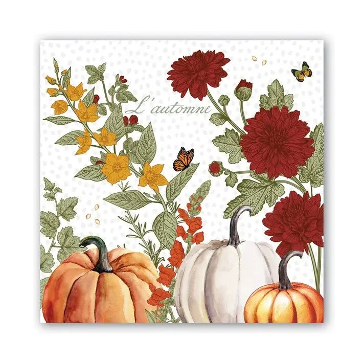 Packaged triple-ply luncheon napkins in Pumpkin Delight color with a subtle seasonal pattern.