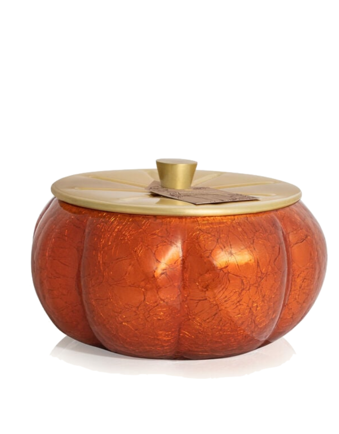 Pumpkin Laurel candle with burnt orange crackled finish, mercury gold accents, and a gold lid.