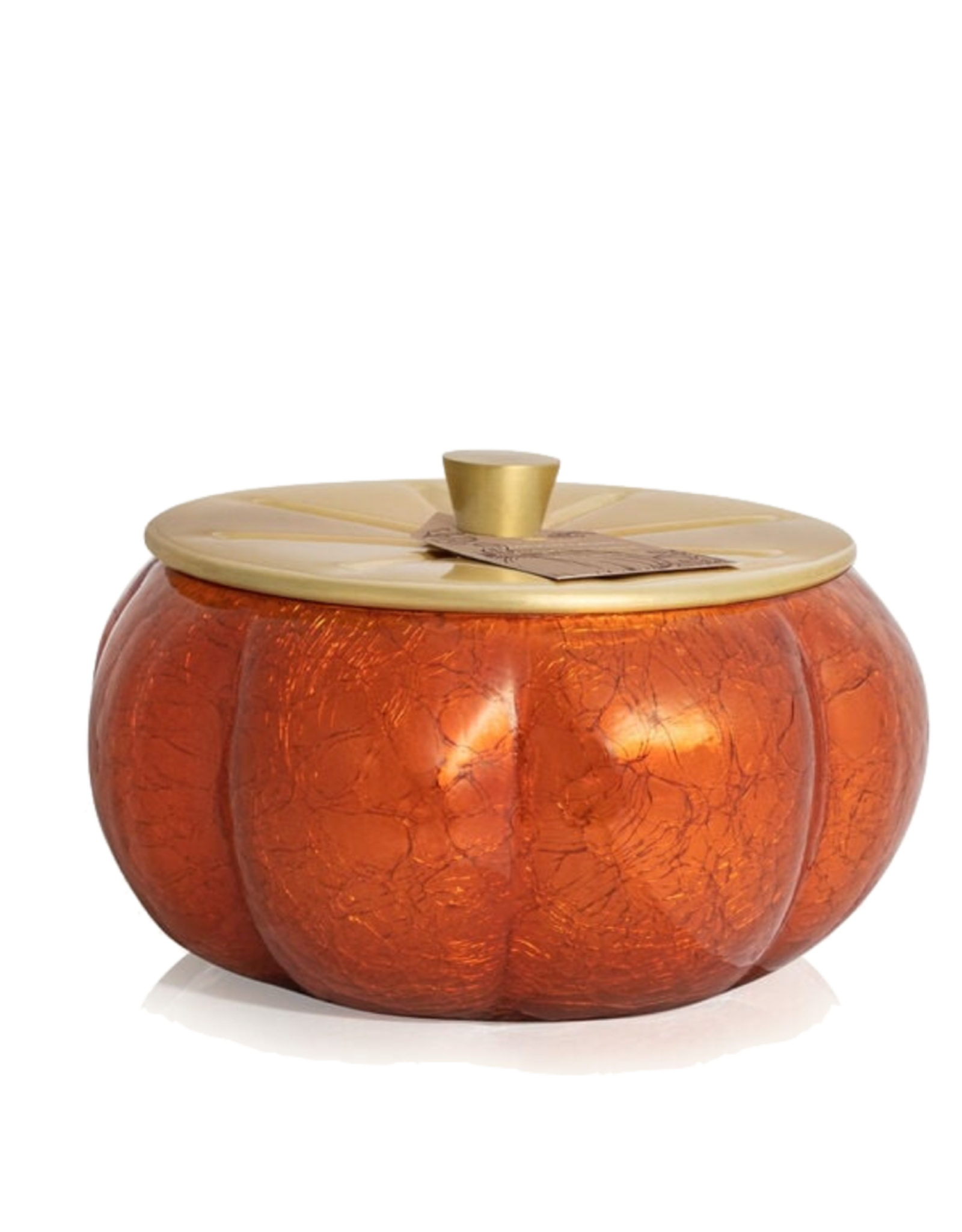 Pumpkin Laurel candle with burnt orange crackled finish, mercury gold accents, and a gold lid.