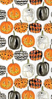 Packaged paper guest towels featuring a pumpkin print pattern.
