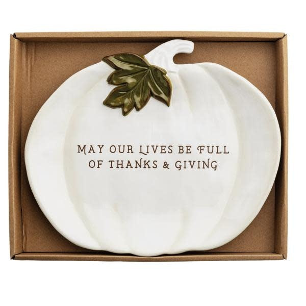White stoneware pumpkin-shaped plate with a smooth finish.