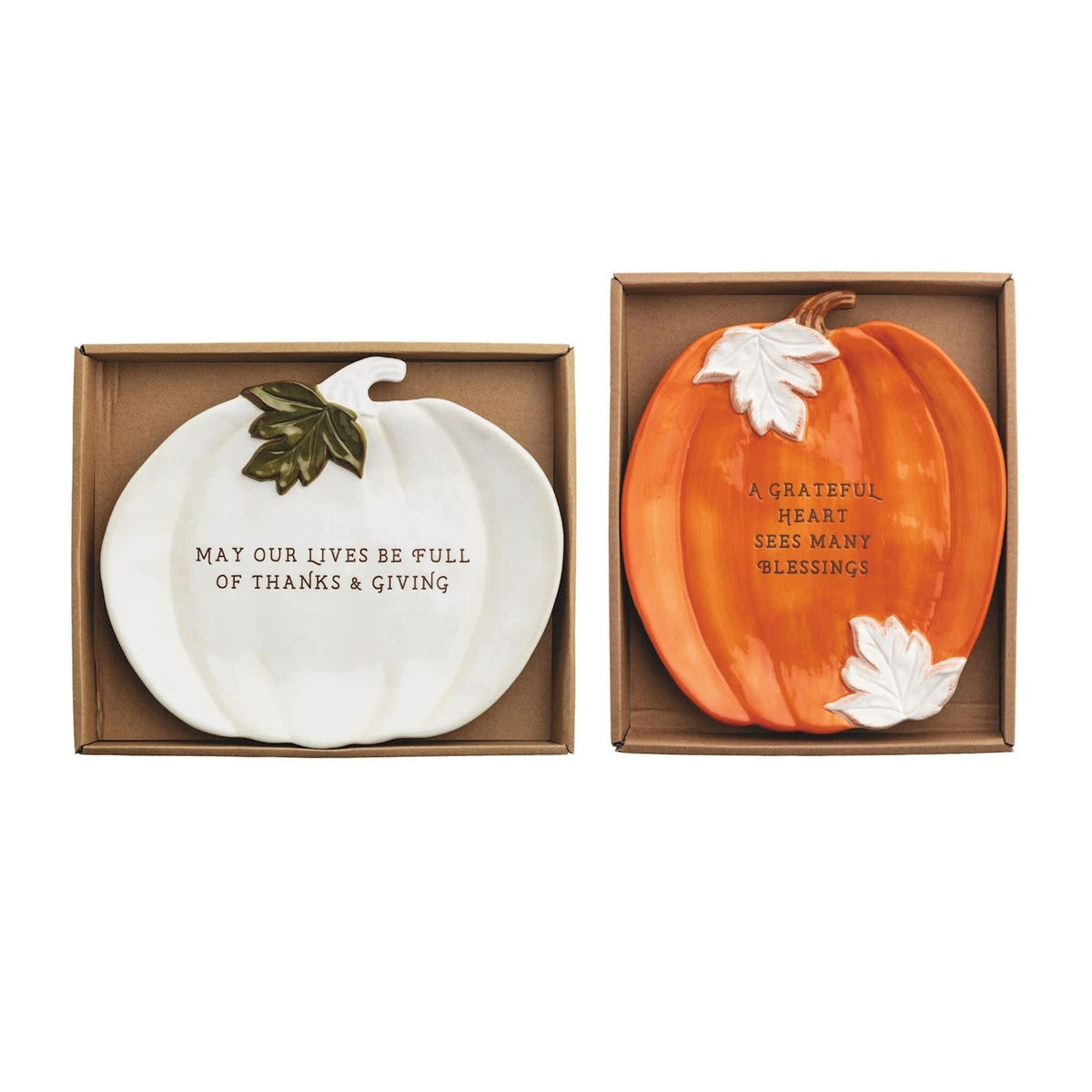 Stoneware pumpkin-shaped plate in orange with a subtle sentiment pattern.
