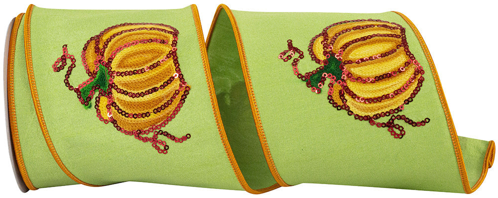 Citrus green wired ribbon with sequined pumpkin patterns and orange edges.