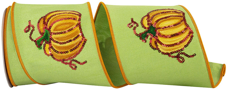 Citrus green wired ribbon with sequined pumpkin patterns and orange edges.