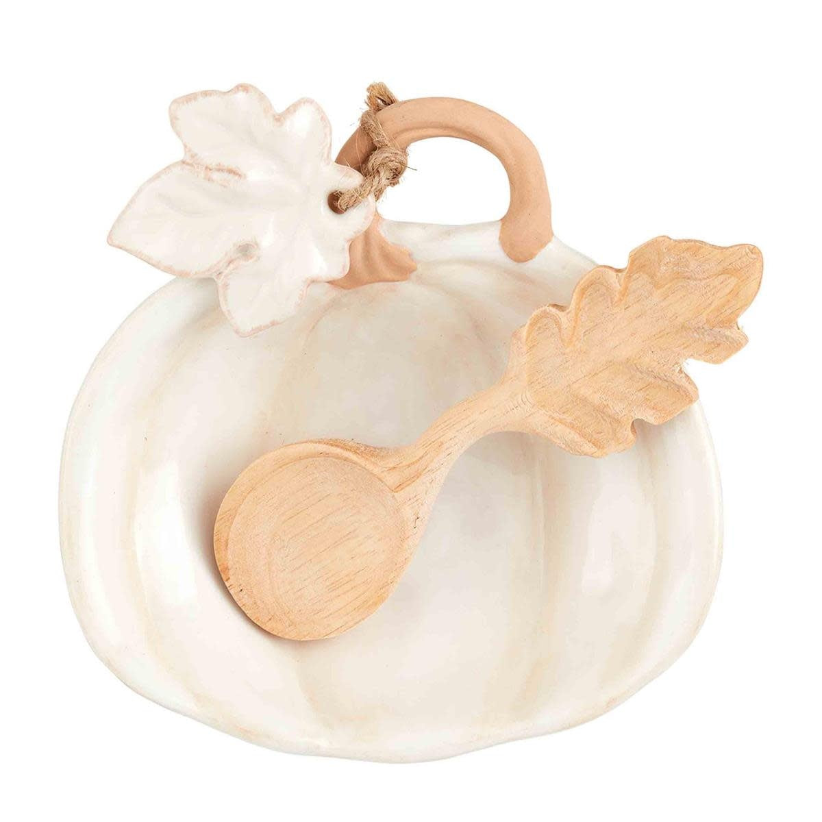 Hand-painted white ceramic pumpkin-shaped dish with wooden spoon
