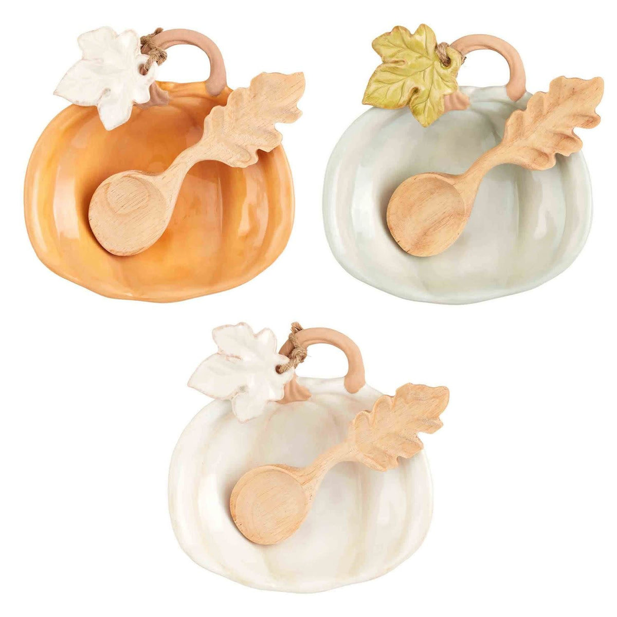 Hand-painted orange pumpkin-shaped ceramic dish with wooden spoon