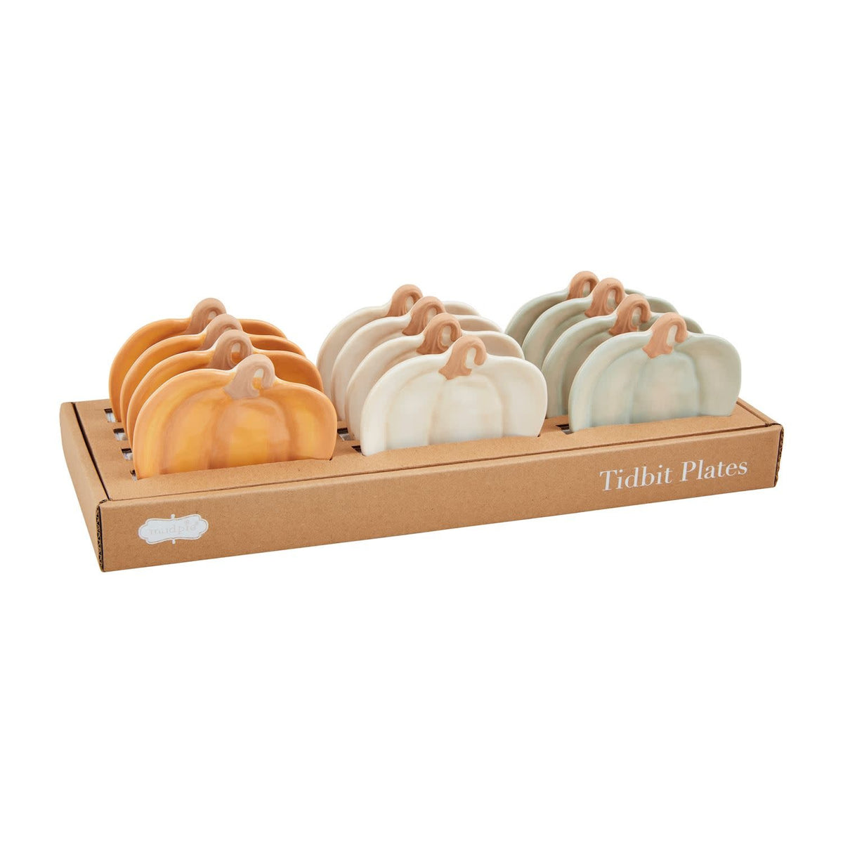 Hand-painted orange stoneware pumpkin-shaped tidbit plate with a natural rim.