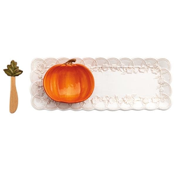 Stoneware pumpkin tray set with scalloped edge, wooden spreader, and stoneware leaf handle.
