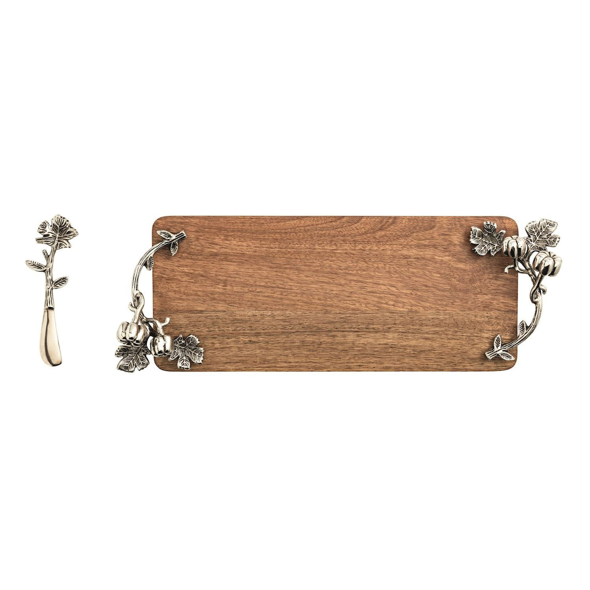 Two-piece mango wood pumpkin tray set with cast aluminum handles.