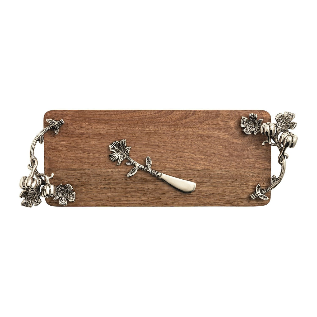 Two-piece mango wood pumpkin-shaped serving tray set with cast aluminum handles.