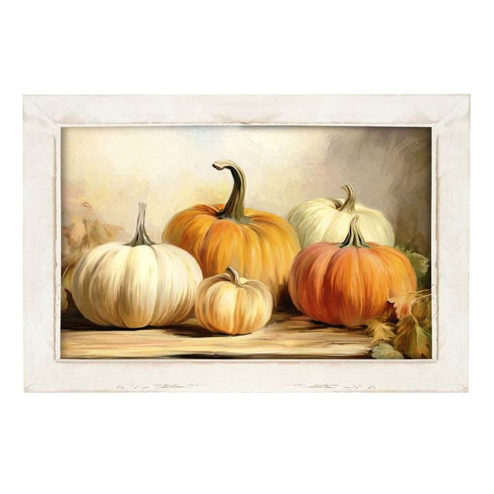 Autumn painting of various pumpkins on a table with muted colors in a reclaimed barnwood frame.