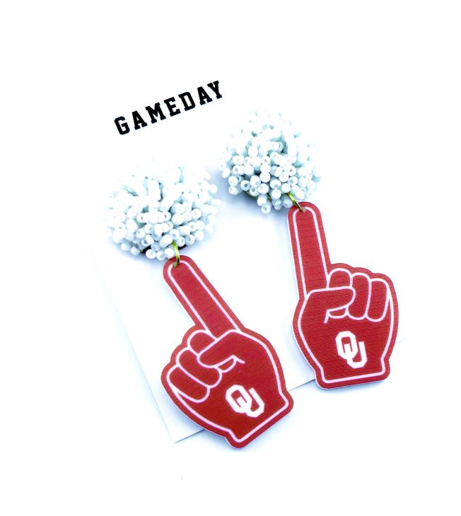 Oklahoma OU red foam finger earrings with white beaded studs on a Gameday card.