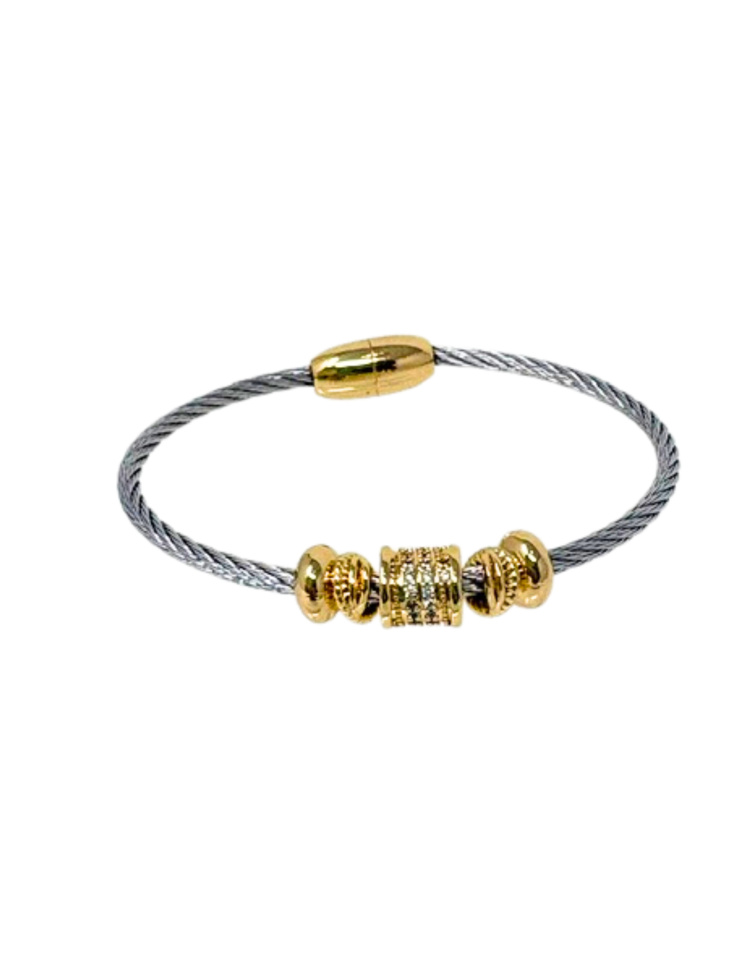 Two-tone silver rope bangle with gold beads and a central cubic zirconia-studded bead.