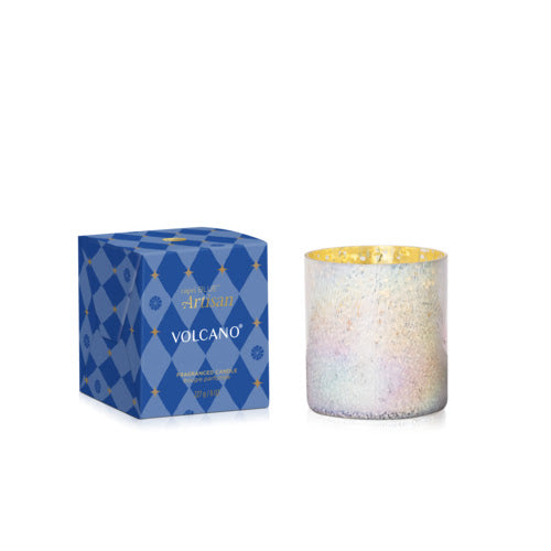 Volcano Artisan Winter Bazaar 8 oz candle in an iridescent glass vessel with a blue diamond box.
