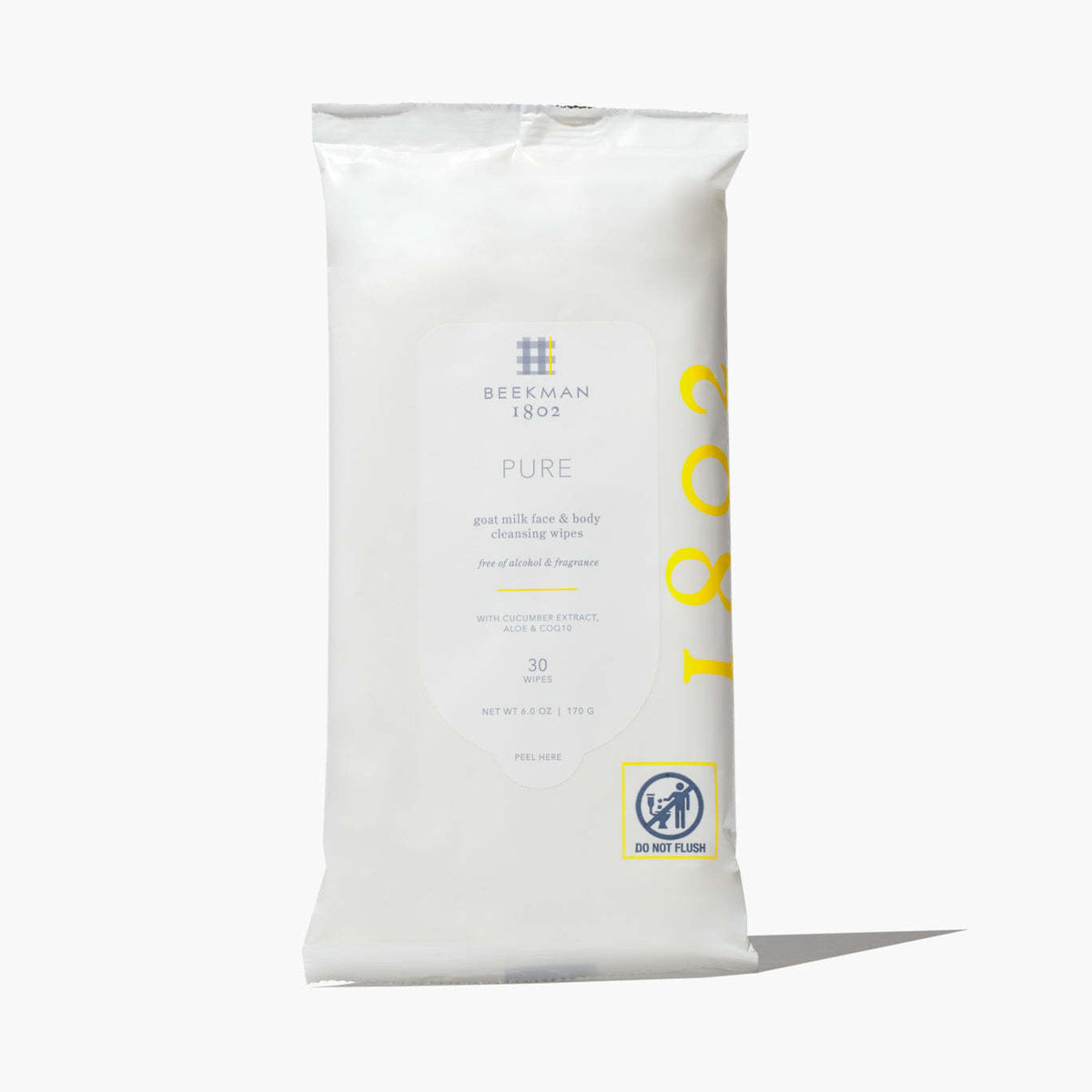 Pack of facial cleansing wipes with a clear window showing the white wipe inside.