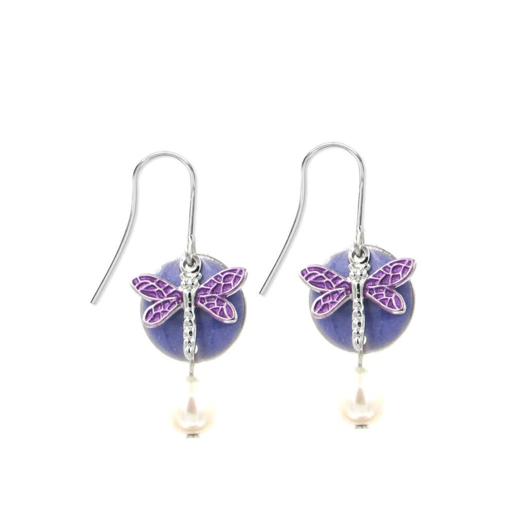 Purple dragonfly layered on a purple enamel disc with a freshwater pearl drop earring