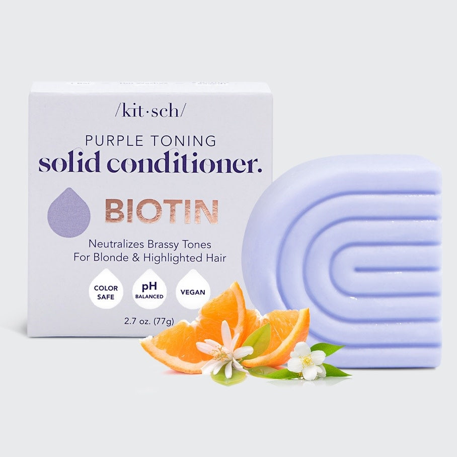 Purple solid conditioner bar with Biotin designed to neutralize brassiness in blonde hair.
