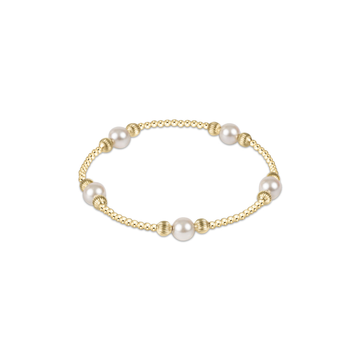 Gold-tone beaded bracelet with six millimeter faux pearls representing dignity
