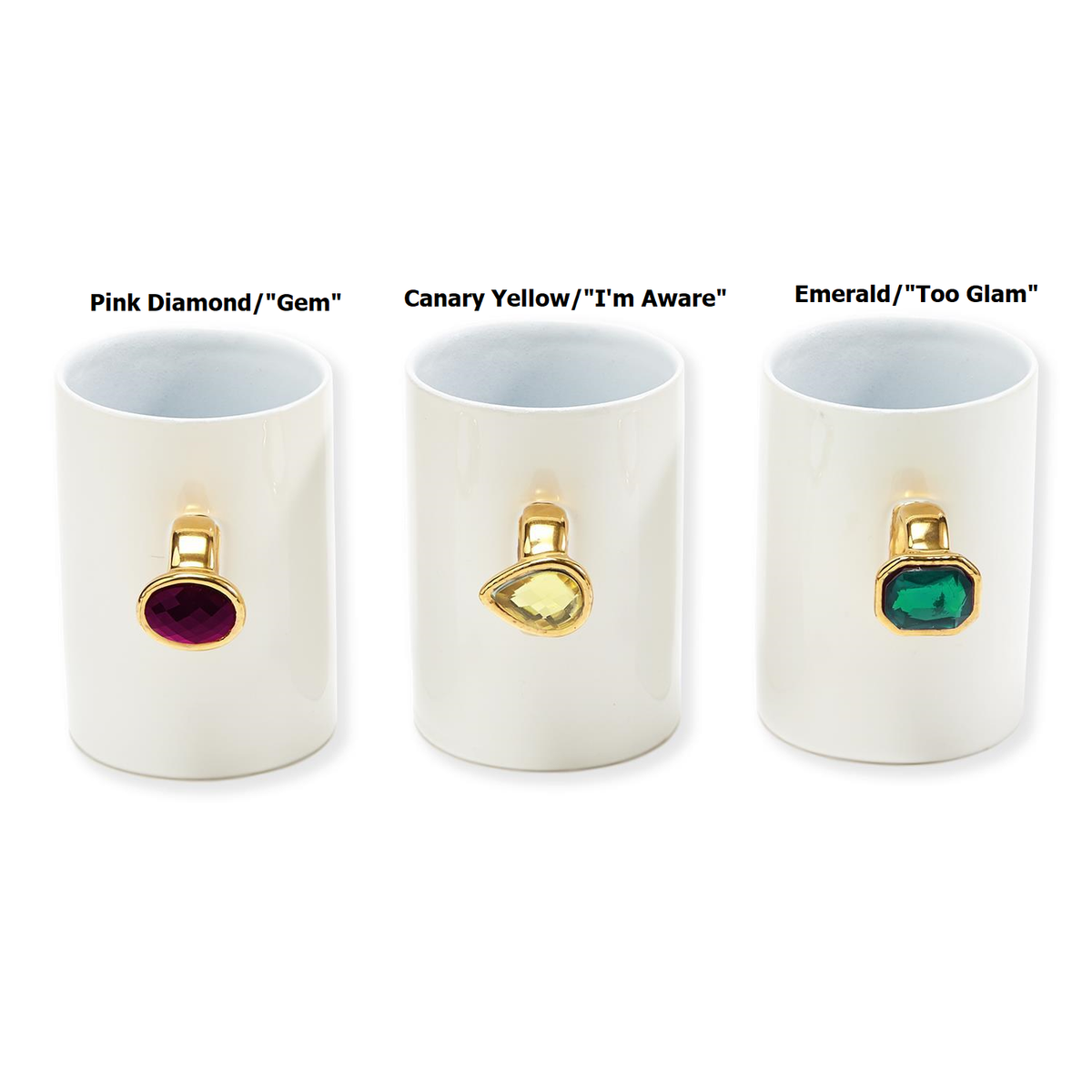 White porcelain mug with gem embellishments featuring the text 'Put a Ring On It' and three sayings.