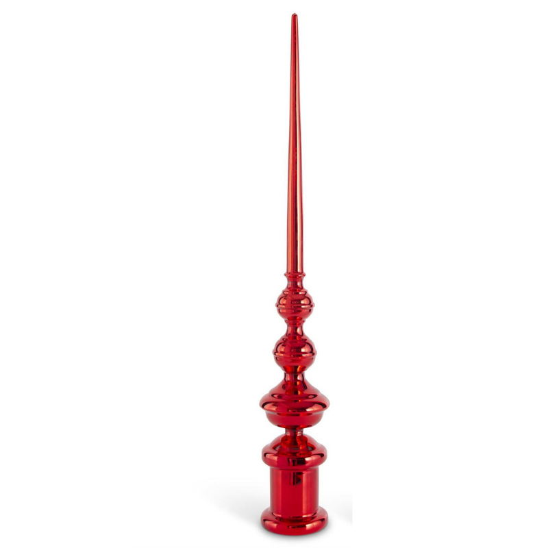 Tall, shiny red glass finial tree topper with a tiered base and long, tapered spire.