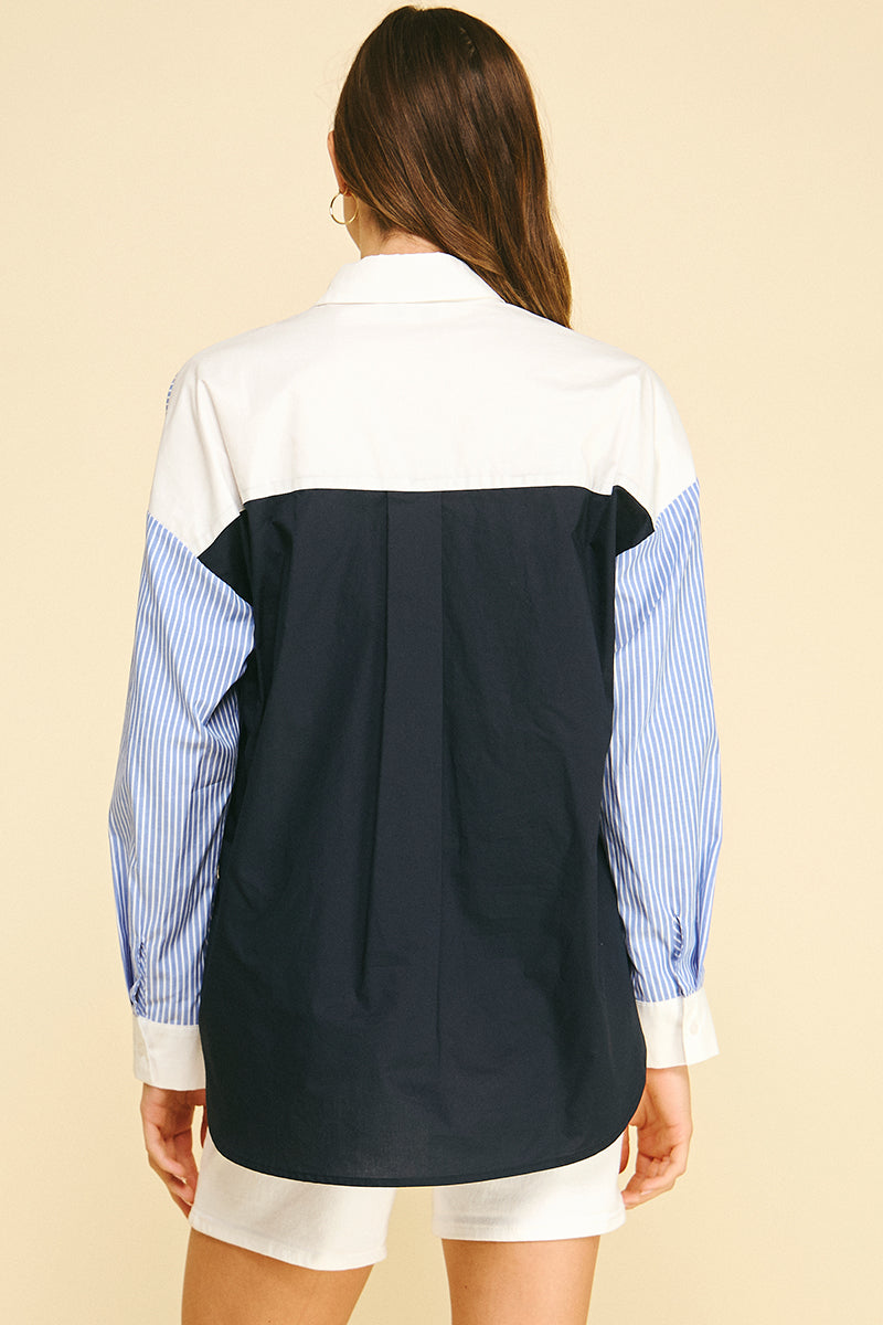 Rachel Contrast Striped Button Down shirt in small size featuring long sleeves, hi-lo silhouette, front pocket, and striped pattern.