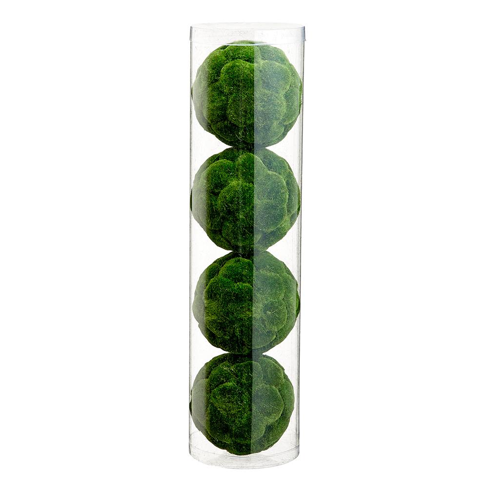 Green moss orb made from jute, Styrofoam, and PVC with a round silhouette.