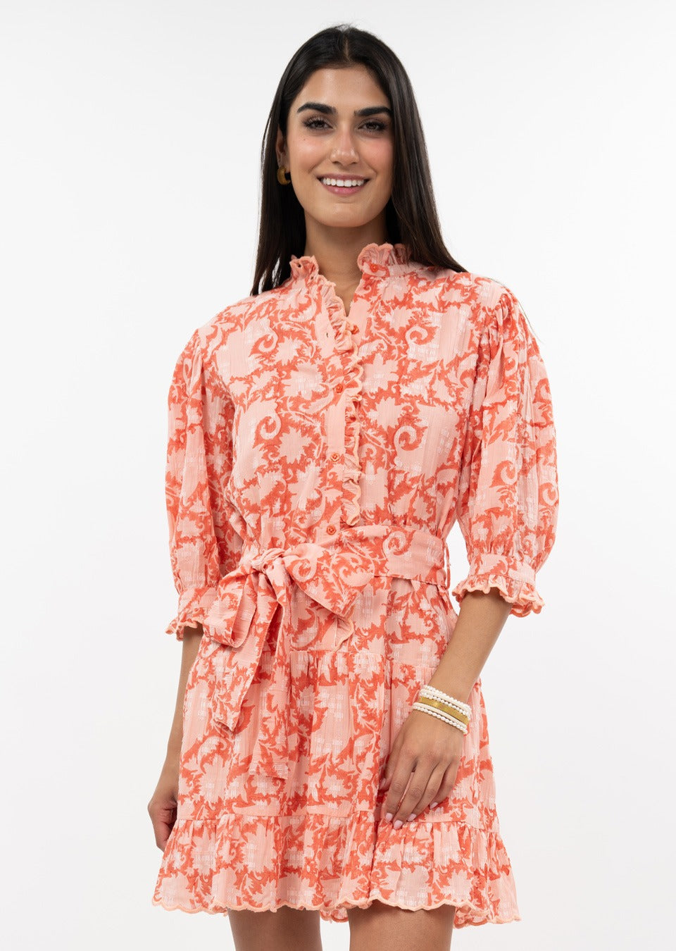 Sarah Pretty Paisley Dress in floral print with a flowing silhouette made from polyester-spandex blend.
