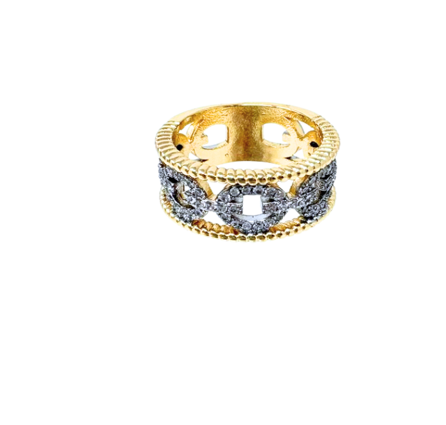 Gold-toned fashion statement ring with a chunky band and diamond-encrusted circular link design.