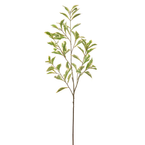 40 inch artificial green and white variegated leaf branch made of polyester and plastic.