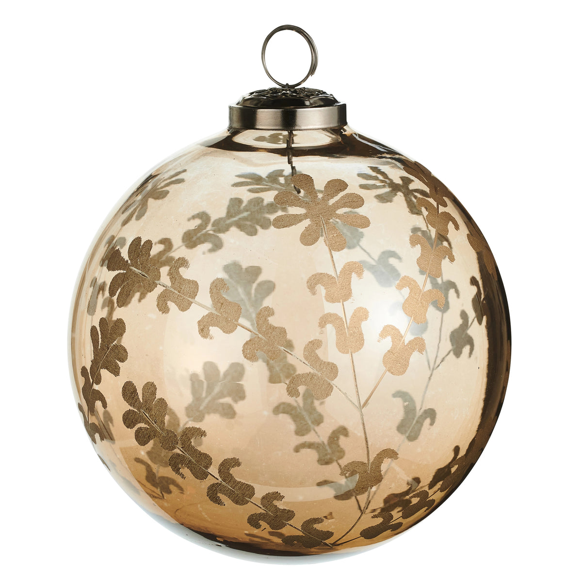 5-inch glass ball ornament with an etched gold floral and leaf pattern on a champagne-tinted base.