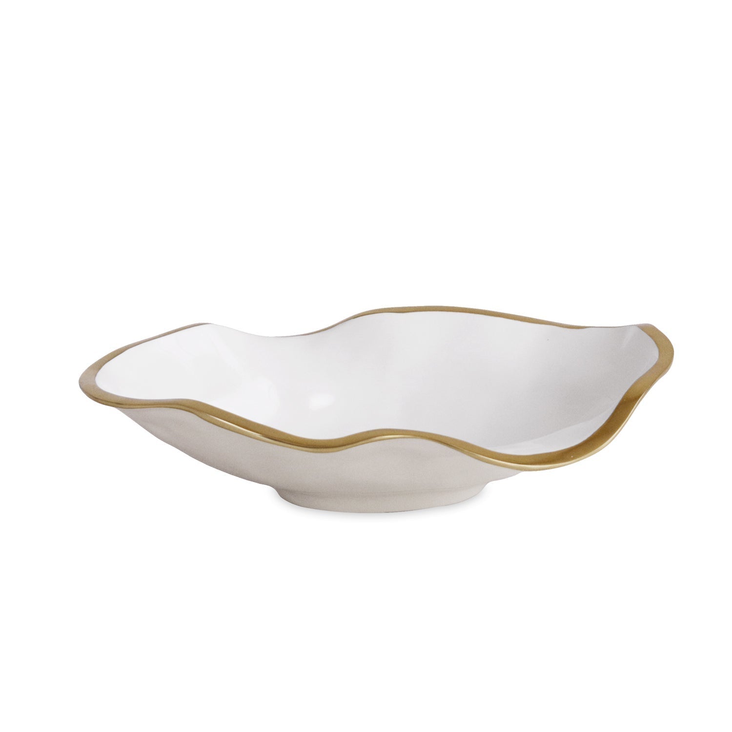 Encanto Claire medium bowl in cream and white with a wavy gold-trimmed rim.