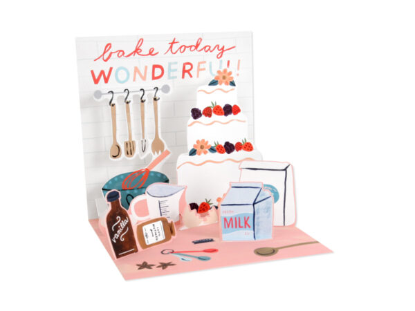 White envelope card with silver foil finish featuring the text 'Bake Today Wonderful!' in full color.