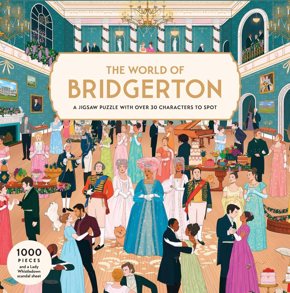 The World of Bridgerton 1000 piece jigsaw puzzle box featuring an illustrated ballroom scene.